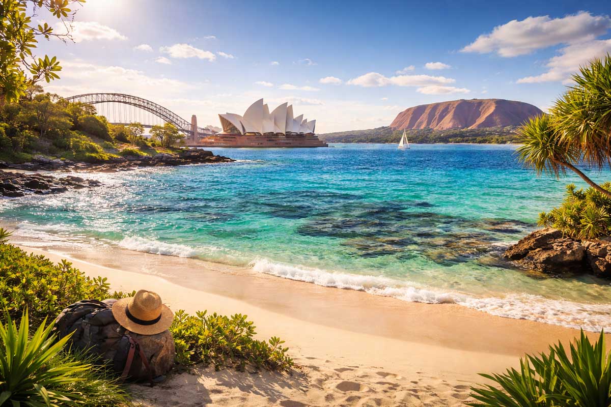 Paysage australien paradisiaque avec plages, océan turquoise et sites touristiques emblématiques