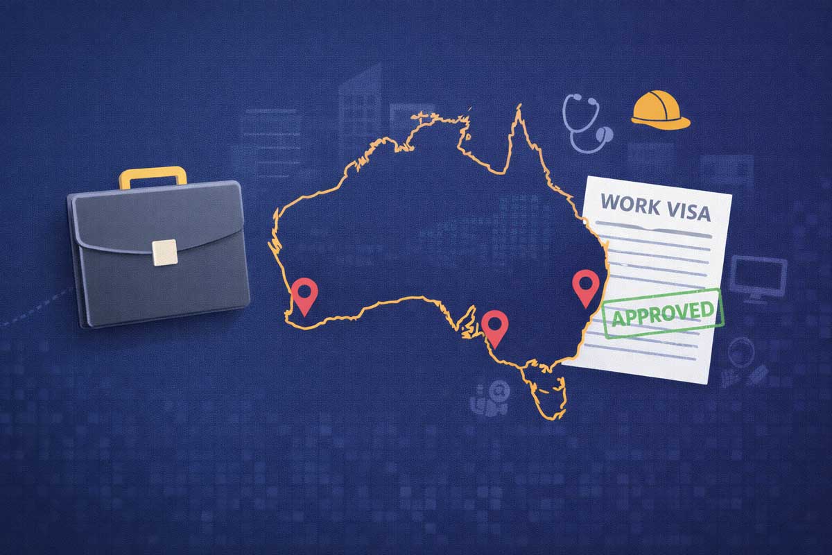 Documents de travail, visa et carte de l'Australie illustrant les opportunités d'emploi