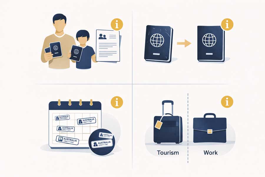 Cas particuliers refus visa Australie : voyager avec mineur, changement passeport, séjours fréquents répétés, confusion entre visa tourisme et travail