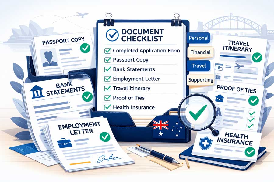Checklist documents visa 600 : passeport, relevés bancaires, attestation d'emploi, itinéraire de voyage et preuves de liens