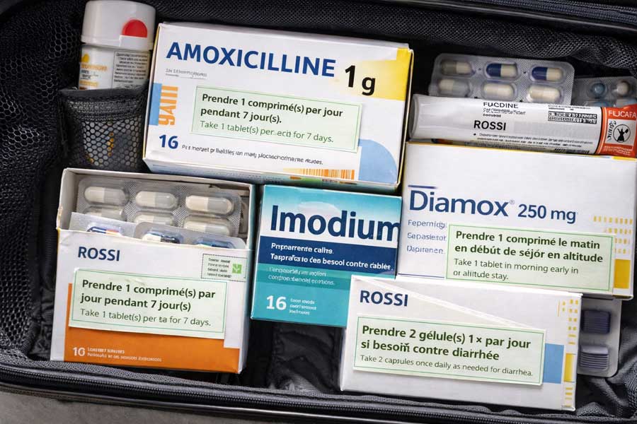 Médicaments dans leur emballage d'origine avec étiquettes de pharmacie visibles Médicaments dans leur emballage d'origine avec étiquettes de pharmacie visibles