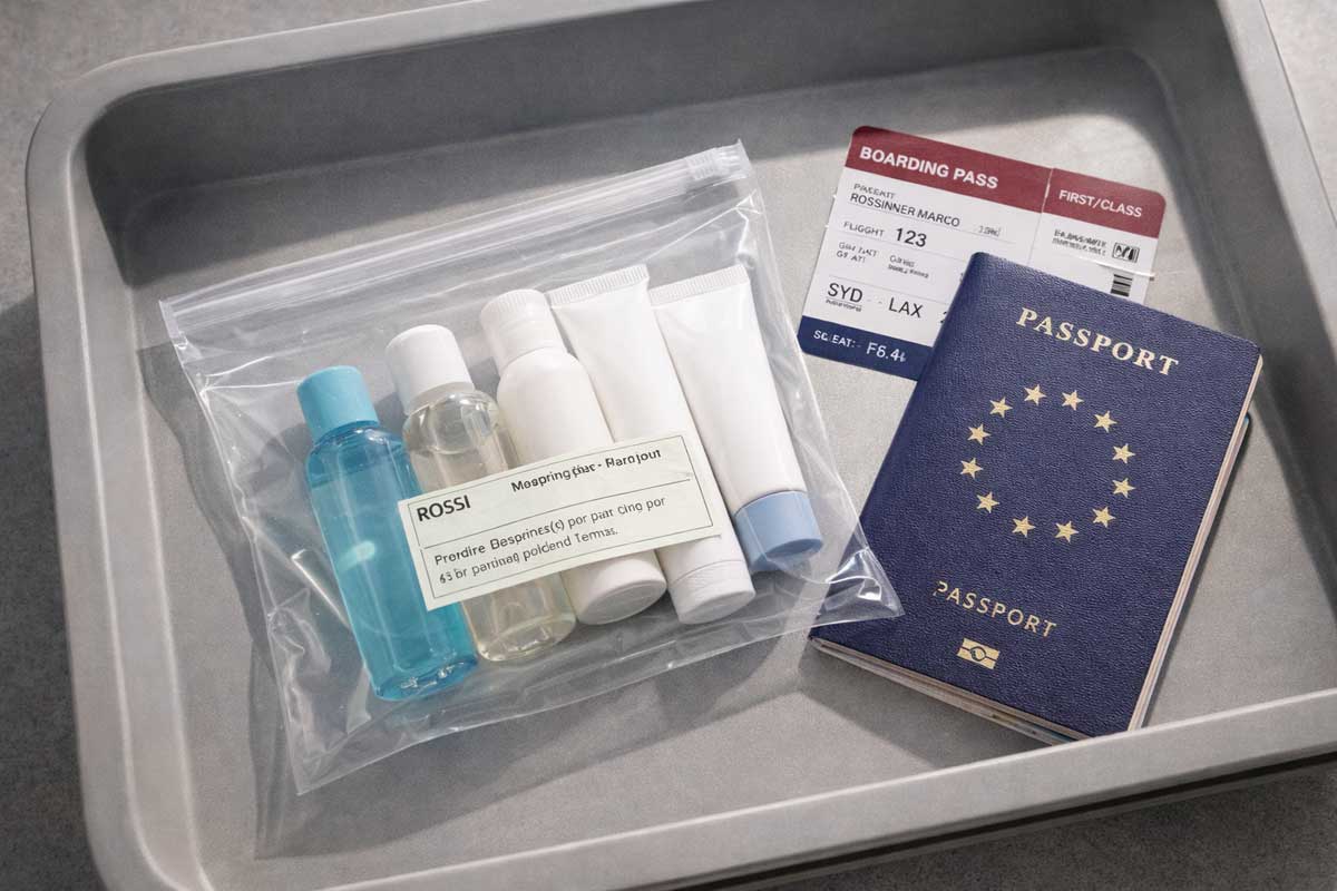 Sac transparent avec contenants de 100 ml maximum pour liquides en bagage cabine