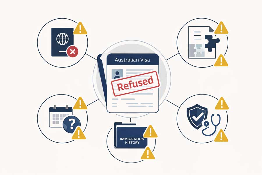 5 causes fréquentes de refus visa eVisitor ETA Australie : erreurs passeport, informations incomplètes, doute intention temporaire, antécédents immigration, vérifications caractère santé