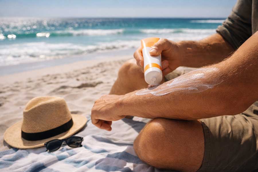 Voyageur appliquant de la crème solaire sur une plage australienne ensoleillée Voyageur appliquant de la crème solaire sur une plage australienne ensoleillée