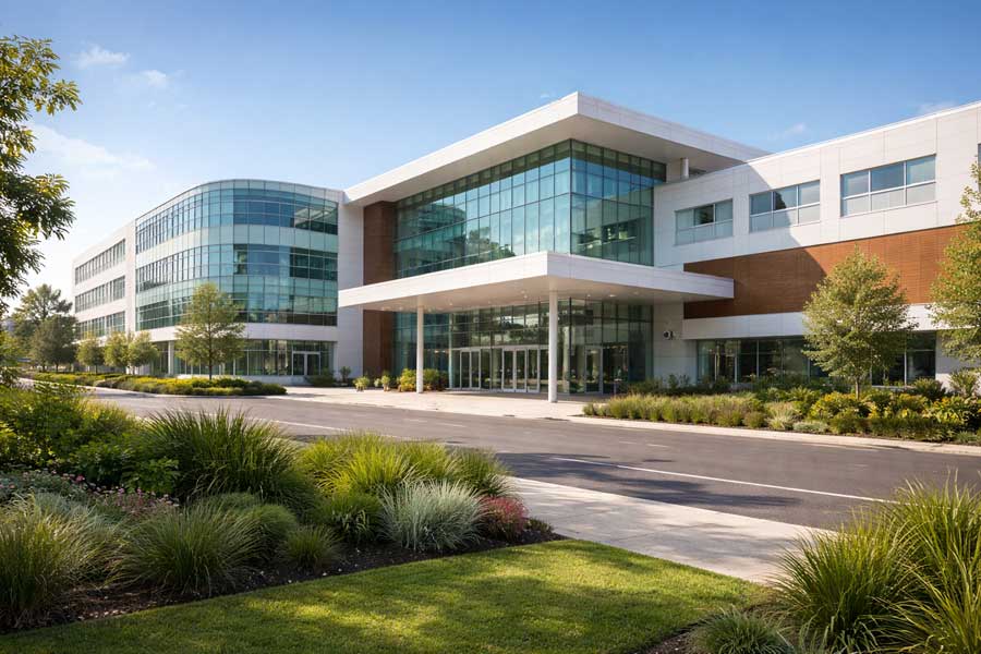 Façade d'un hôpital public australien moderne, journée ensoleillée