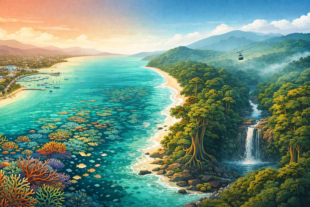Illustration panoramique de Cairns et du Tropical North Queensland entre récif, forêt tropicale et cascades