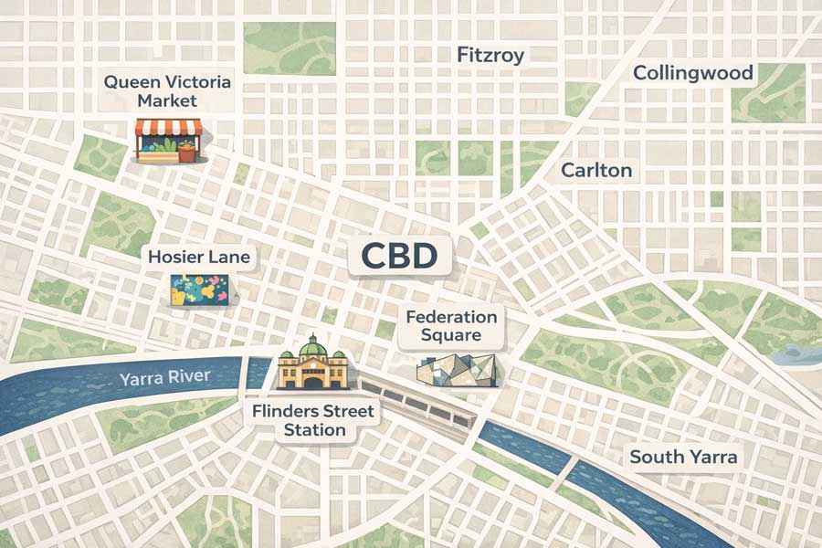 Carte illustrée des quartiers et attractions du centre de Melbourne : CBD, Fitzroy, Laneways, Queen Victoria Market Carte illustrée des quartiers et attractions du centre de Melbourne : CBD, Fitzroy, Laneways, Queen Victoria Market