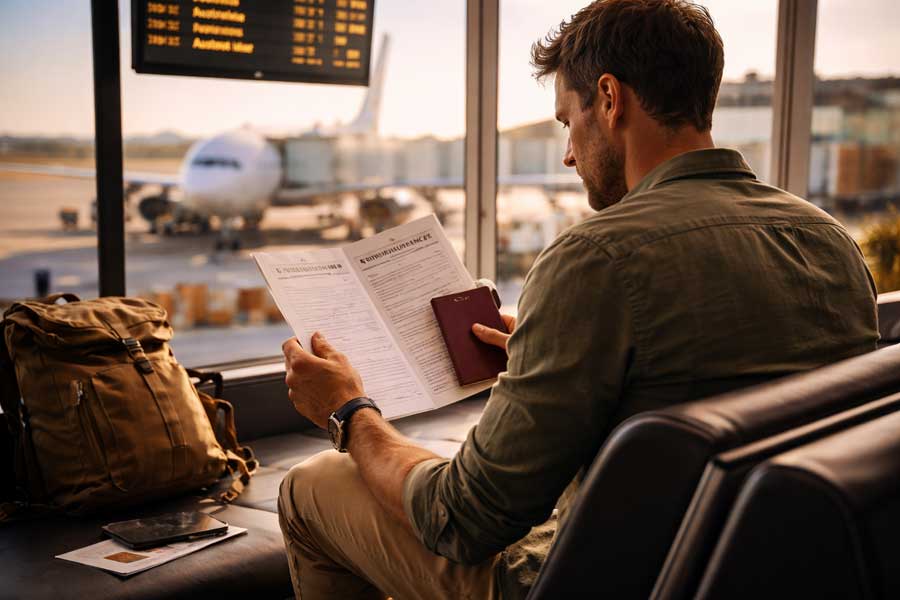 Personne consultant des documents d'assurance voyage avant un départ en Australie