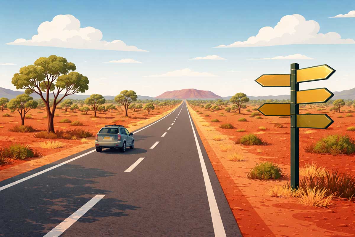 Illustration route australienne avec voiture et panneau de signalisation