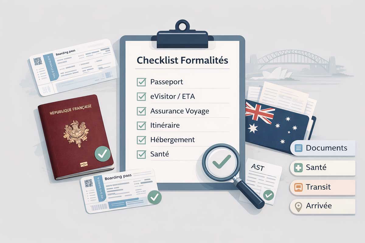 Checklist formalités Australie : passeport, autorisation eVisitor, assurance voyage et documents avant le départ