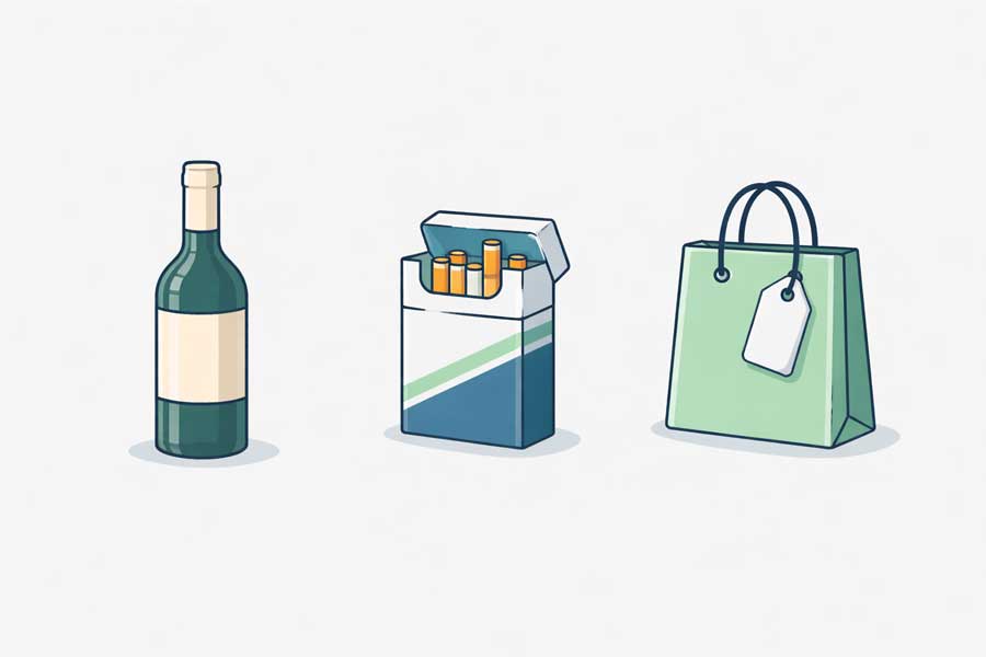 Illustration plate des franchises douanières : bouteille de vin, cigarettes, étiquette prix