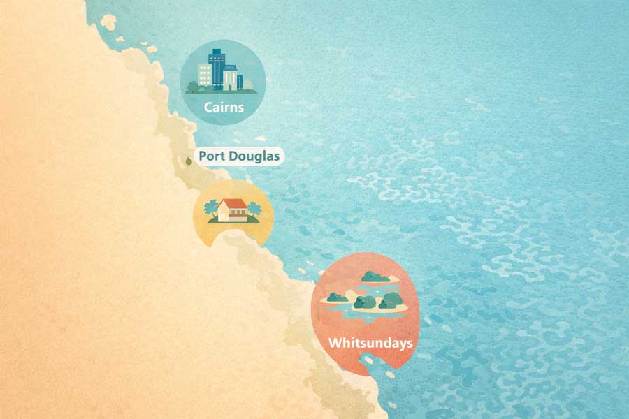 Carte illustrée des bases de départ pour visiter la Grande Barrière de Corail Carte illustrée des bases de départ pour visiter la Grande Barrière de Corail