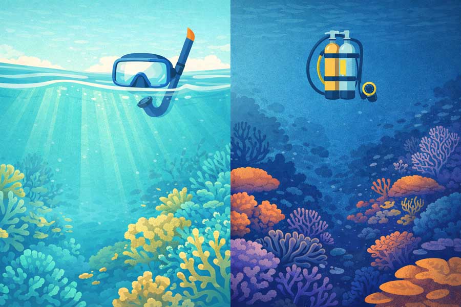 Illustration snorkeling et plongée sous-marine sur la Grande Barrière de Corail Illustration snorkeling et plongée sous-marine sur la Grande Barrière de Corail