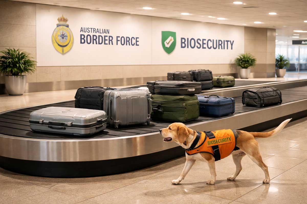 Contrôle douanier à l'aéroport australien avec agent, bagages et scanner biosécurité