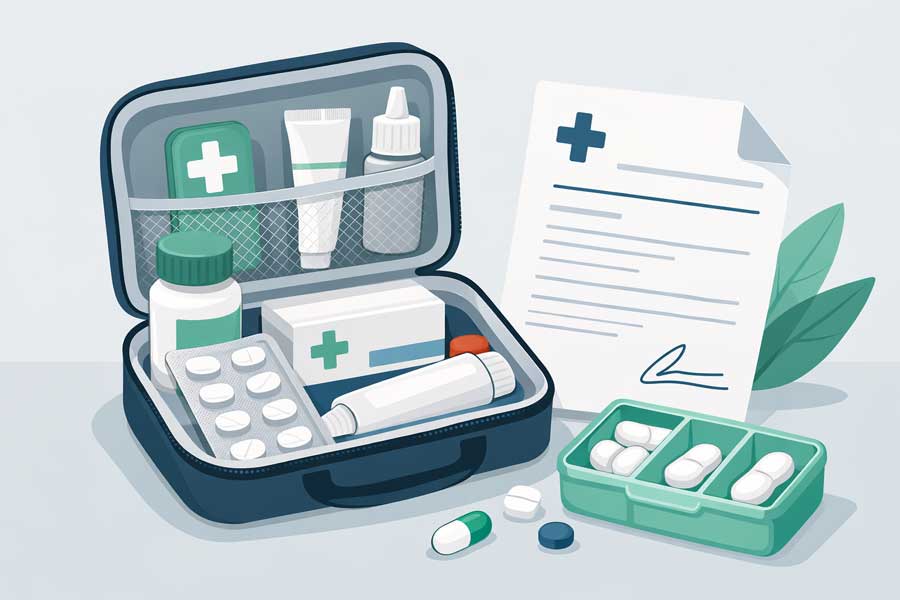 Illustration plate de médicaments en voyage : boîtes, ordonnance, trousse de pharmacie