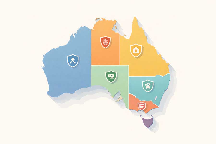 Carte illustrée des États et Territoires australiens avec règles de conduite Carte illustrée des États et Territoires australiens avec règles de conduite