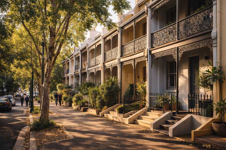 Vue d'une rue résidentielle animée du quartier de Surry Hills à Sydney Vue d'une rue résidentielle animée du quartier de Surry Hills à Sydney