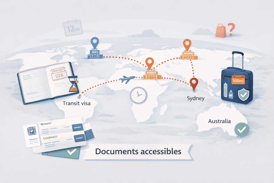 Transit et correspondances vers l'Australie : contrôles, escales et documents à prévoir