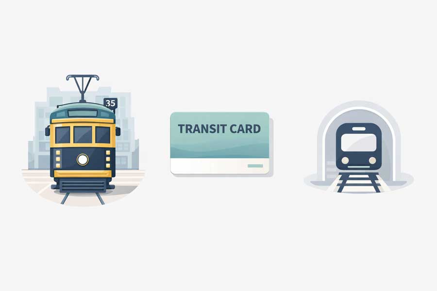 Illustration plate du réseau de transports de Melbourne : tram, train et carte myki