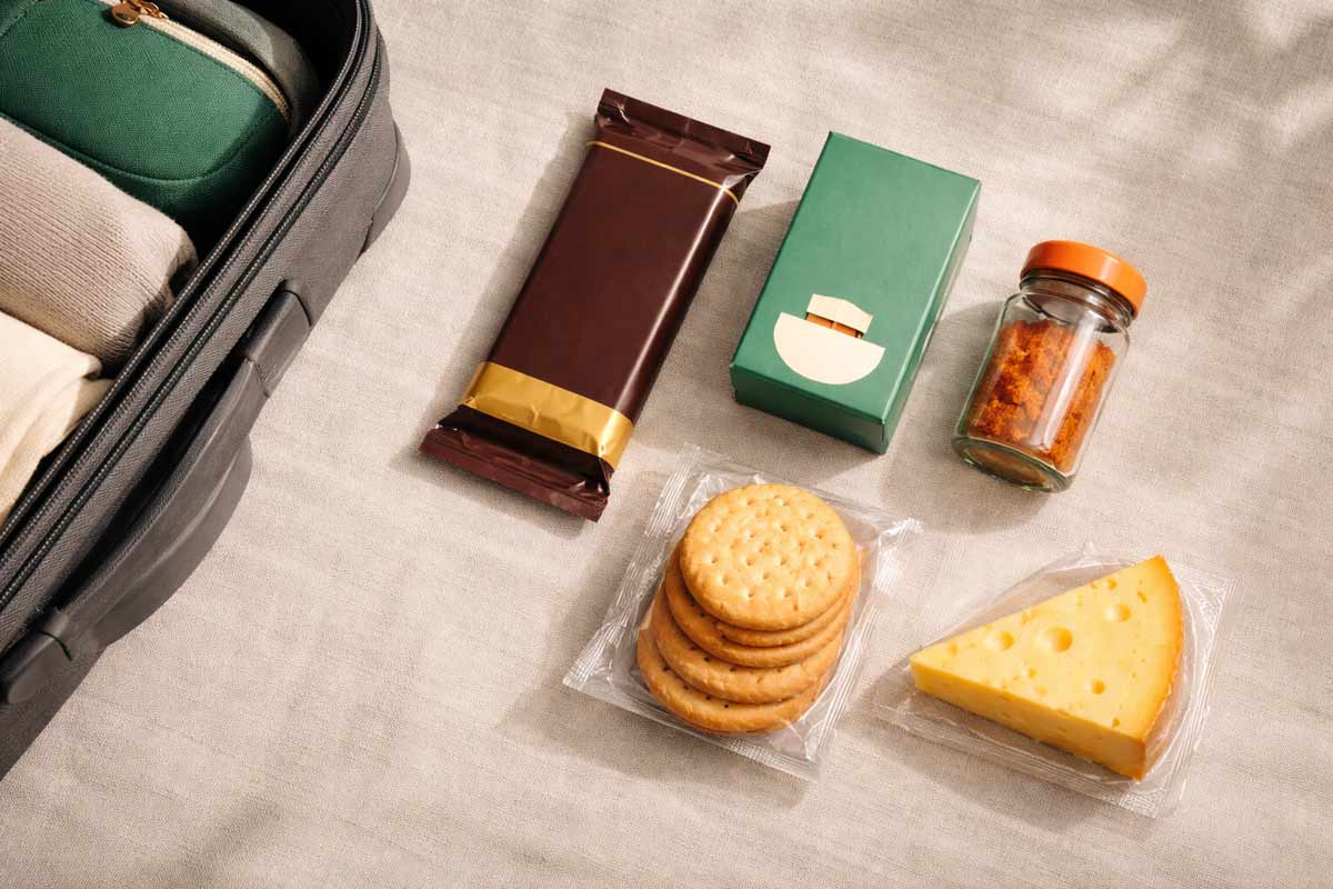 Aliments autorisés en Australie : valise ouverte avec produits alimentaires et panneau de contrôle douanier