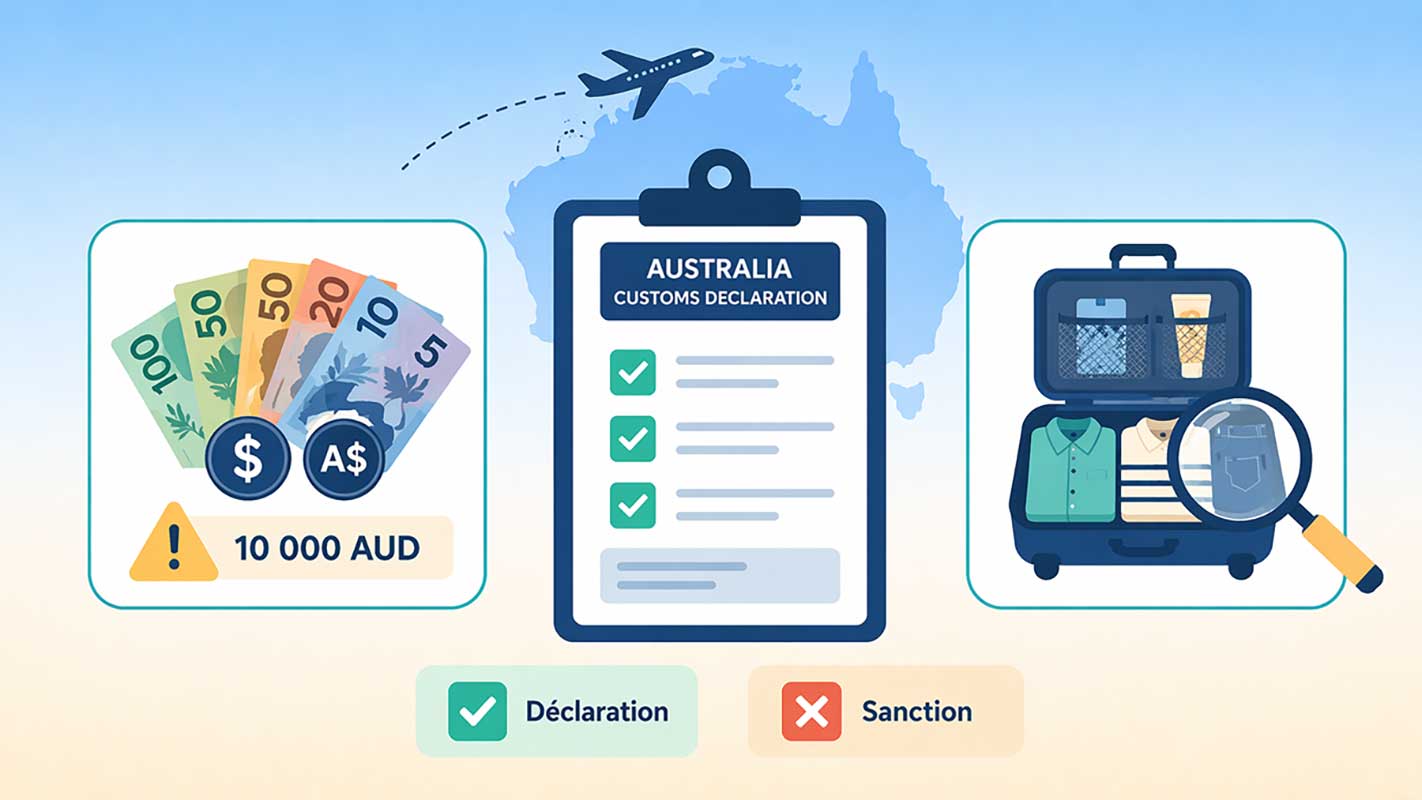 Infographie déclaration argent liquide en Australie : seuil de 10 000 AUD, formulaire douanier et contrôle à l'arrivée