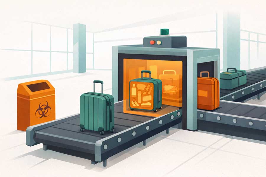 Contrôle biosécurité à l'arrivée en Australie : scanner de bagages et bacs de dépôt volontaire