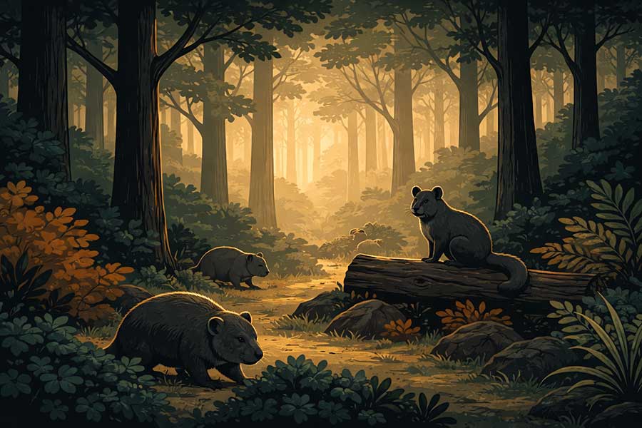 Illustration de la faune endémique de Tasmanie dans un environnement forestier naturel Illustration de la faune endémique de Tasmanie dans un environnement forestier naturel