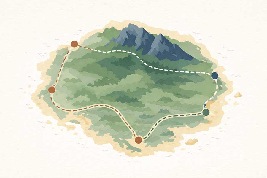 Carte stylisée d'un itinéraire en boucle en Tasmanie avec routes et étapes principales Carte stylisée d'un itinéraire en boucle en Tasmanie avec routes et étapes principales