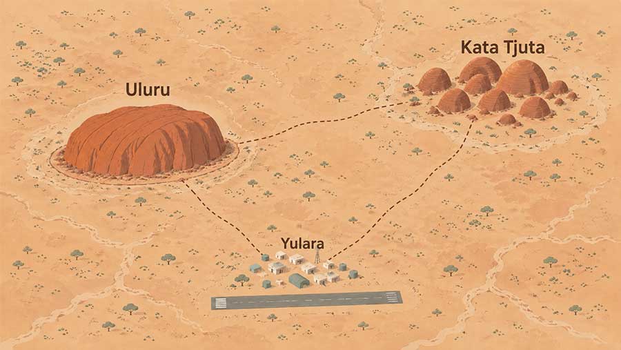 Illustration stylisée des trois sites du Red Centre australien : Uluru, Kata Tjuta et Yulara, avec leurs distances relatives