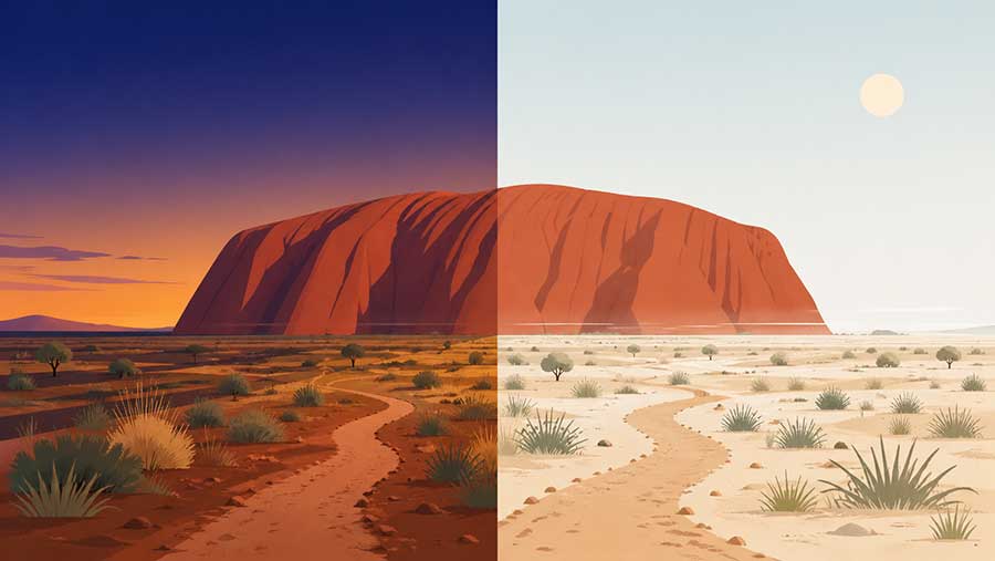 Illustration des conditions de visite à Uluru selon la saison : chaleur, lumière du matin et sentiers de randonnée