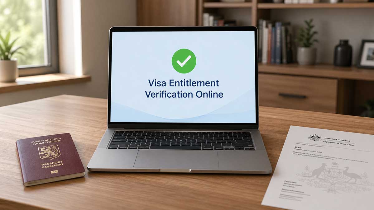 Vérification VEVO Australie : écran d'ordinateur affichant le résultat d'un visa australien vérifié avec passeport et documents de voyage