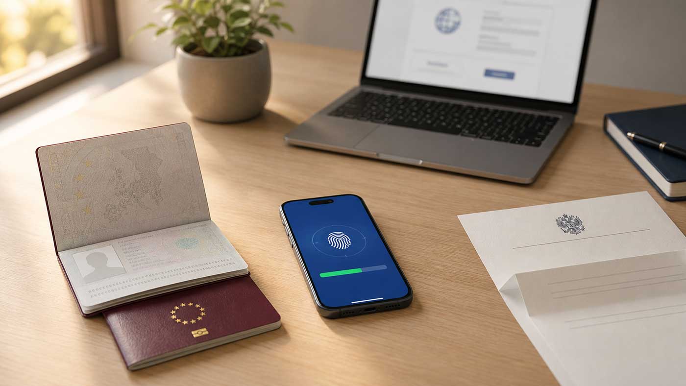 Demande de biométrie pour un visa australien : smartphone avec Australian Immi App et passeport sur un bureau