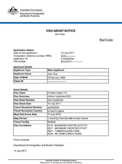 Exemple de visa eVisitor australien approuvé, envoyé par courriel.